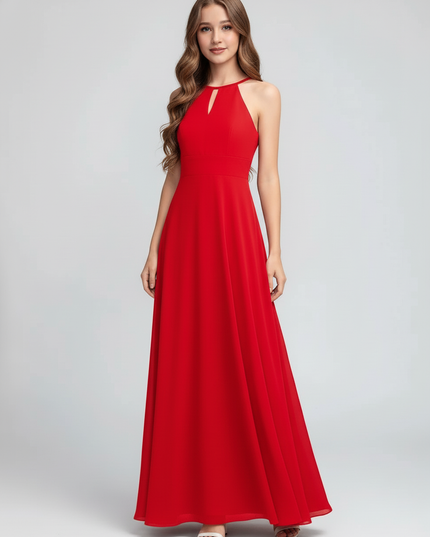 Jugendweihe Kleid Rot Halter Chiffon Lang Kinder - Ansicht 5
