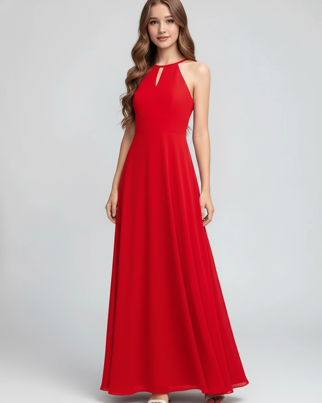 Jugendweihe Kleid Rot Halter Chiffon Lang Kinder - Ansicht 5