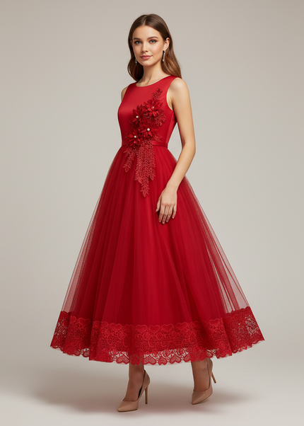 Jugendweihe Kleid Rot Lang mit Blumenmuster | Festlich - Ansicht 1