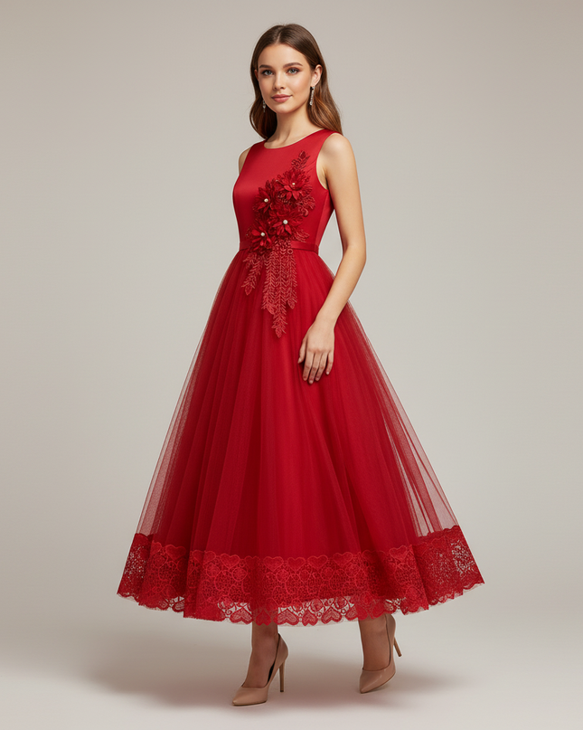 Jugendweihe Kleid Rot Lang mit Blumenmuster | Festlich - Ansicht 1