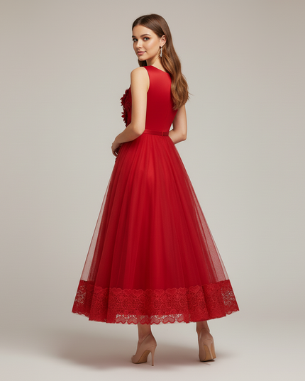 Jugendweihe Kleid Rot Lang mit Blumenmuster | Festlich - Ansicht 2