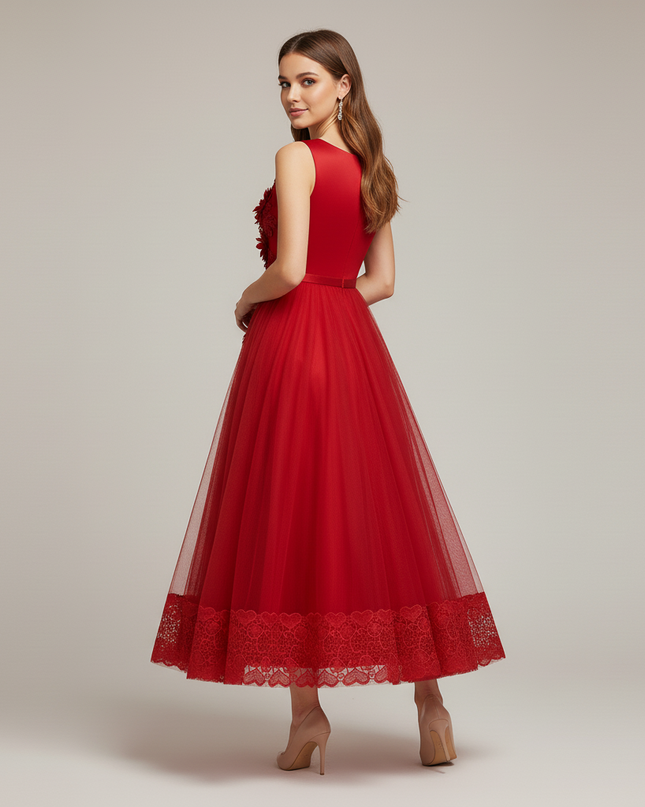 Jugendweihe Kleid Rot Lang mit Blumenmuster | Festlich - Ansicht 2