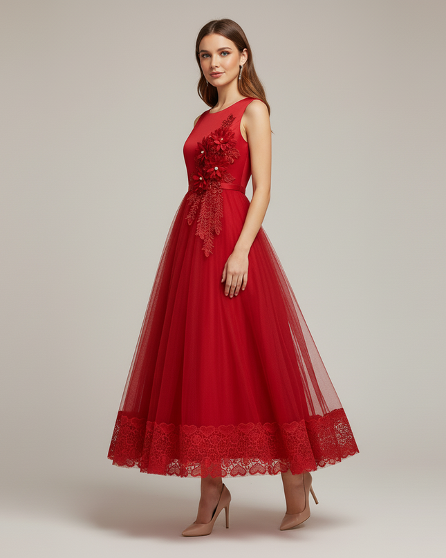 Jugendweihe Kleid Rot Lang mit Blumenmuster | Festlich - Ansicht 3