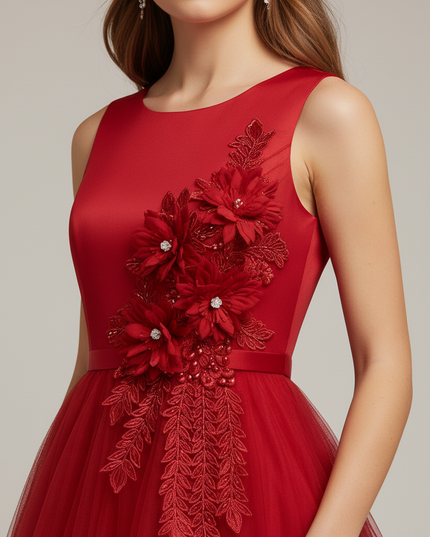 Jugendweihe Kleid Rot Lang mit Blumenmuster | Festlich - Ansicht 4