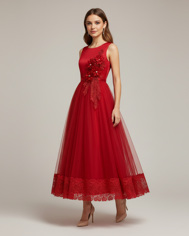 Jugendweihe Kleid Rot Lang mit Blumenmuster | Festlich - Ansicht 5