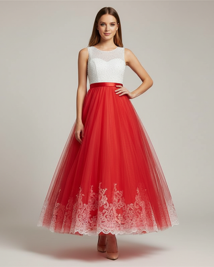 Jugendweihe Kleid Rot Lang Chiffon Kind - Ansicht 1