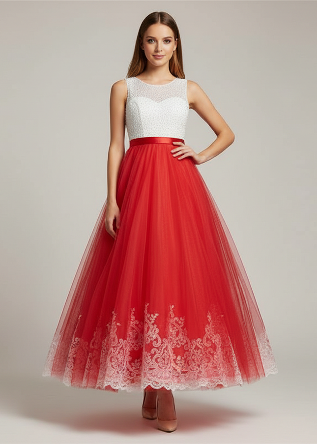 Jugendweihe Kleid Rot Lang Chiffon Kind - Ansicht 1