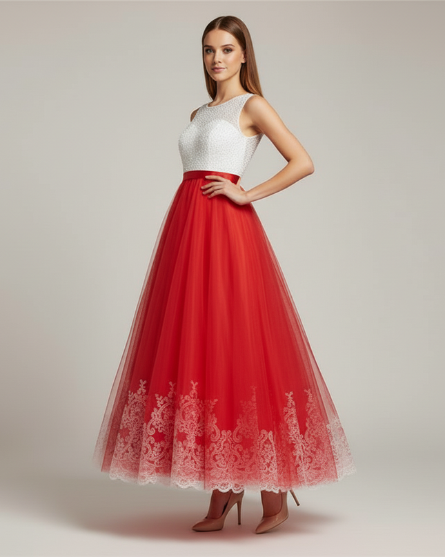 Jugendweihe Kleid Rot Lang Chiffon Kind - Ansicht 3