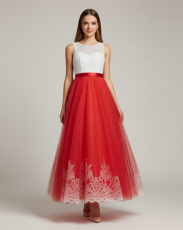 Jugendweihe Kleid Rot Lang Chiffon Kind - Ansicht 5