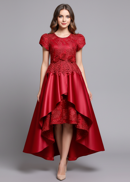 Jugendweihe Kleid Rot Satin Lang Kinder | Festlich - Ansicht 1