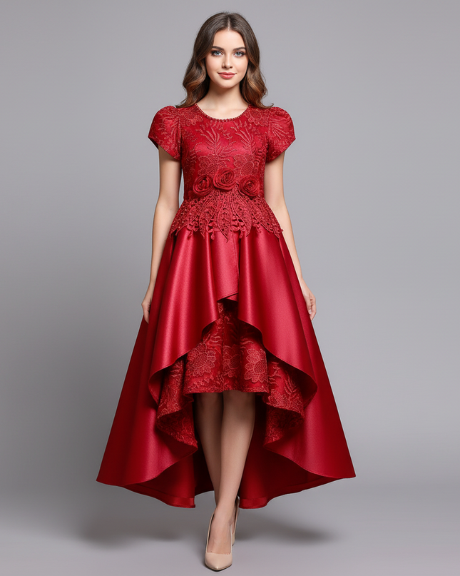 Jugendweihe Kleid Rot Satin Lang Kinder | Festlich - Ansicht 1