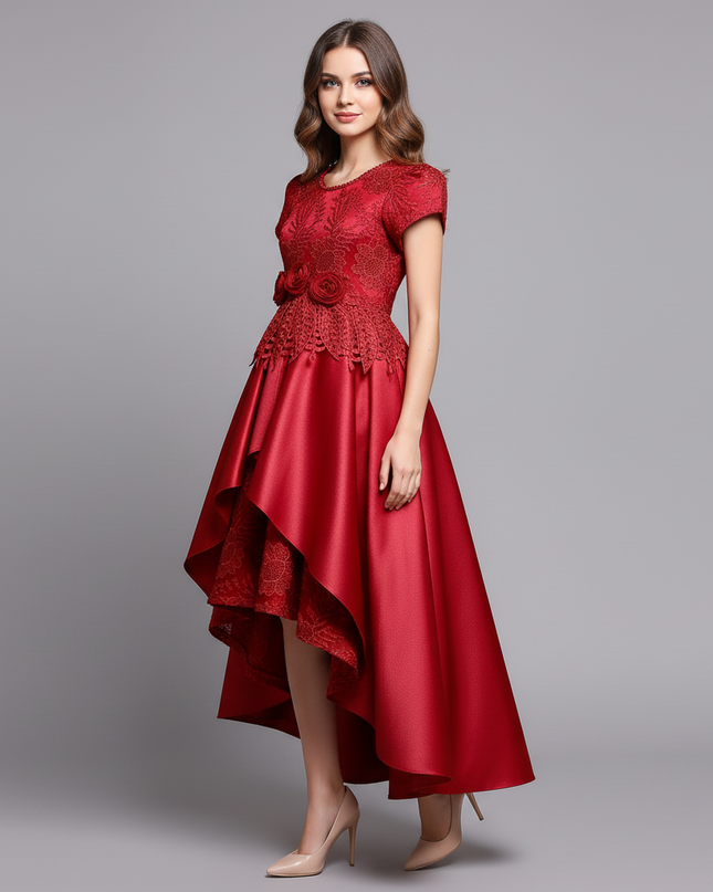 Jugendweihe Kleid Rot Satin Lang Kinder | Festlich - Ansicht 3