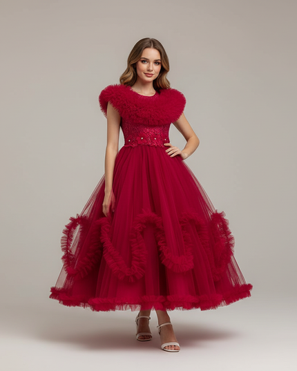 Jugendweihe Kleid Rot Spitze Tuell Lang | Maedchen - Ansicht 1