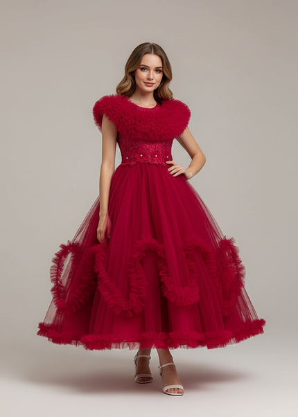 Jugendweihe Kleid Rot Spitze Tuell Lang | Maedchen - Ansicht 1