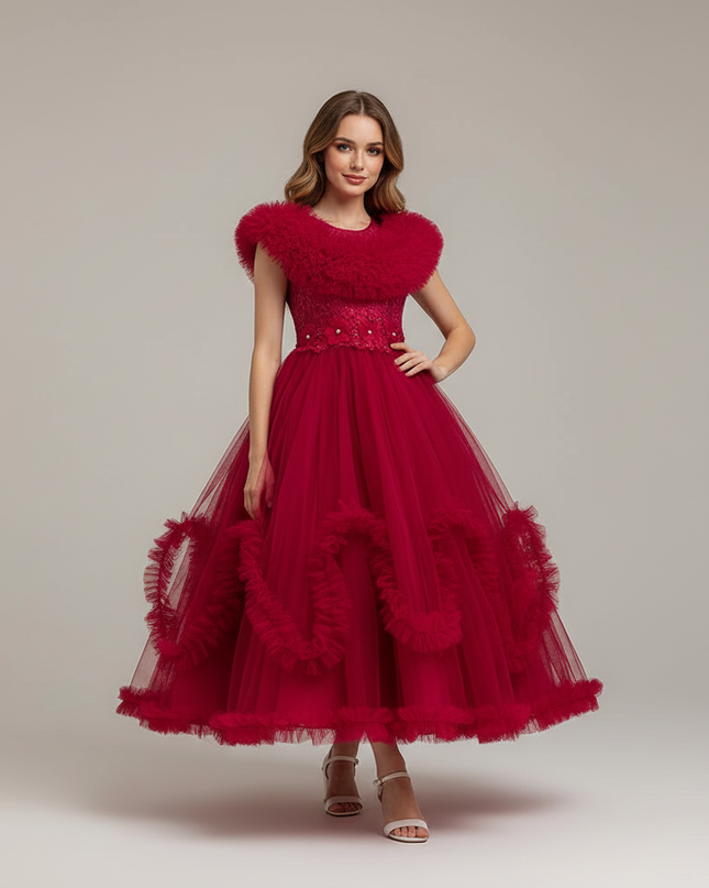 Jugendweihe Kleid Rot Spitze Tuell Lang | Maedchen - Ansicht 1