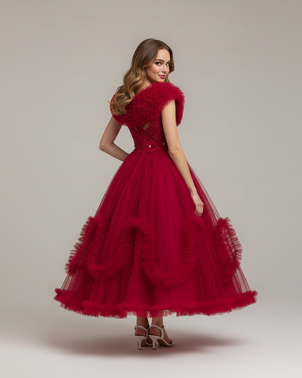 Jugendweihe Kleid Rot Spitze Tuell Lang | Maedchen - Ansicht 2