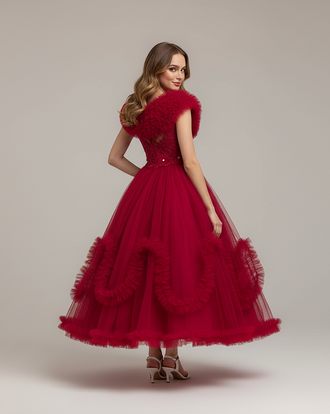 Jugendweihe Kleid Rot Spitze Tuell Lang | Maedchen - Ansicht 2
