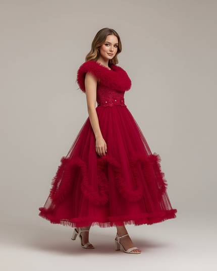 Jugendweihe Kleid Rot Spitze Tuell Lang | Maedchen - Ansicht 3