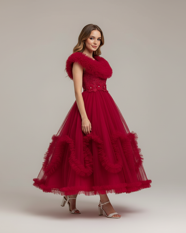 Jugendweihe Kleid Rot Spitze Tuell Lang | Maedchen - Ansicht 3