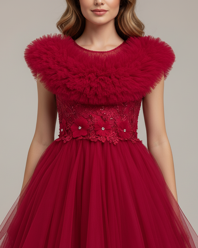 Jugendweihe Kleid Rot Spitze Tuell Lang | Maedchen - Ansicht 4