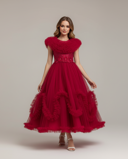 Jugendweihe Kleid Rot Spitze Tuell Lang | Maedchen - Ansicht 5