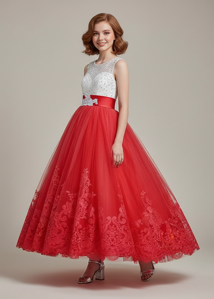 Jugendweihe Kleid Rot Tuell Lang Teenager | Fest - Ansicht 1