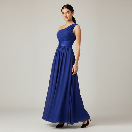 Jugendweihe Kleid Royalblau Chiffon Einschulter Brautjungfer - Ansicht 1