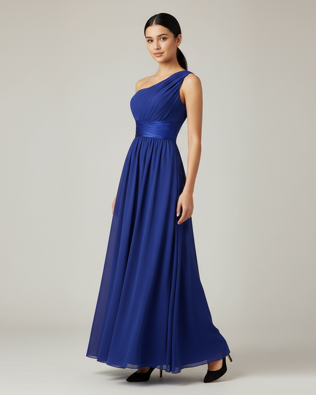 Jugendweihe Kleid Royalblau Chiffon Einschulter Brautjungfer - Ansicht 1