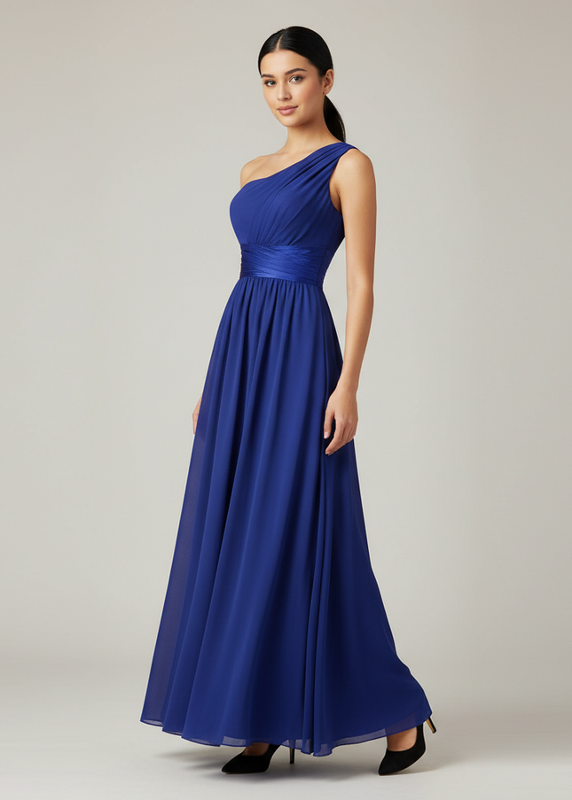 Jugendweihe Kleid Royalblau Chiffon Einschulter Brautjungfer - Ansicht 1