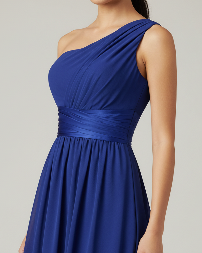 Jugendweihe Kleid Royalblau Chiffon Einschulter Brautjungfer - Ansicht 4