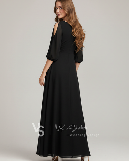 Jugendweihe Kleid Schwarz Chiffon Lang | V-Ausschnitt - Ansicht 2