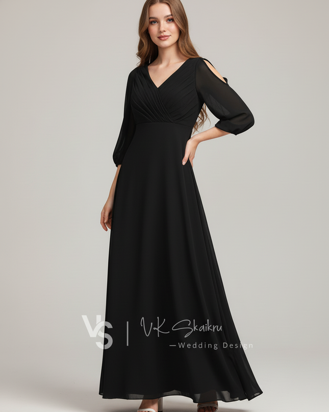 Jugendweihe Kleid Schwarz Chiffon Lang | V-Ausschnitt - Ansicht 3
