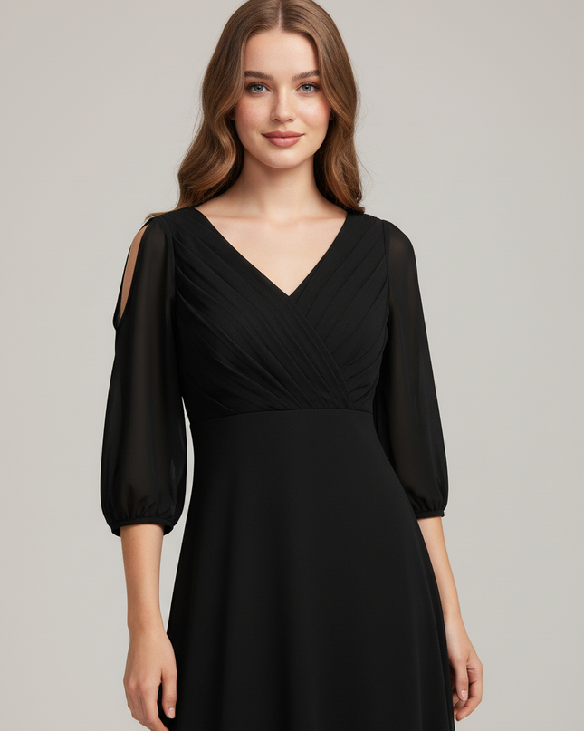 Jugendweihe Kleid Schwarz Chiffon Lang | V-Ausschnitt - Ansicht 4
