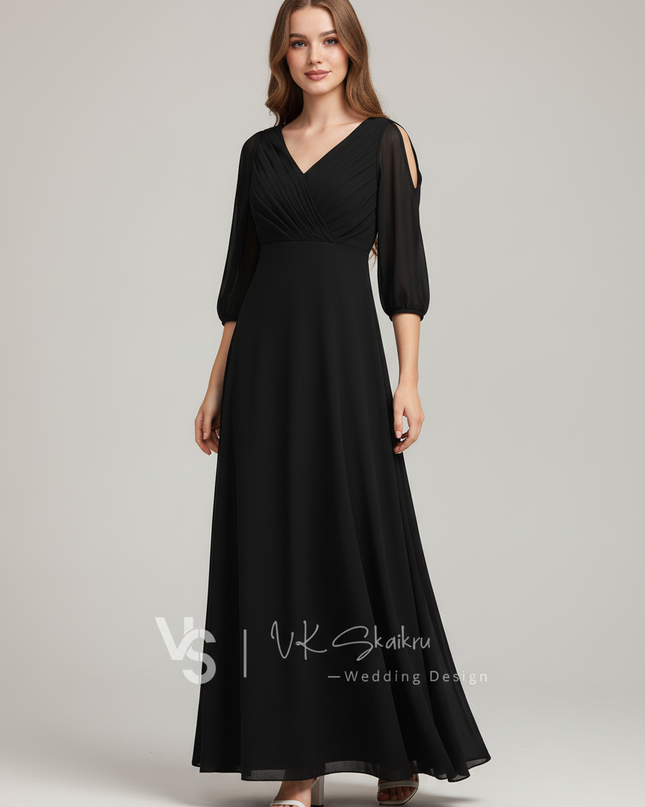Jugendweihe Kleid Schwarz Chiffon Lang | V-Ausschnitt - Ansicht 5
