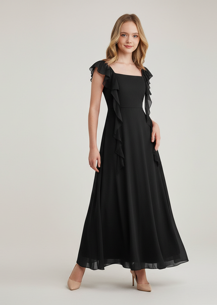 Jugendweihe Kleid Schwarz Satin | Lang Rueschen - Ansicht 1