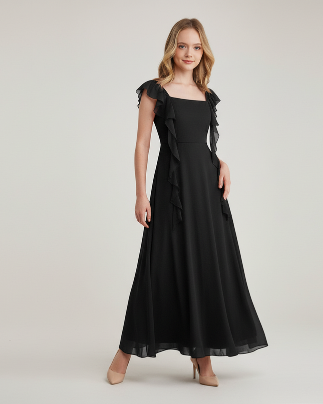 Jugendweihe Kleid Schwarz Satin | Lang Rueschen - Ansicht 1