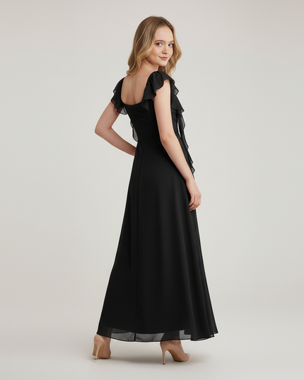 Jugendweihe Kleid Schwarz Satin | Lang Rueschen - Ansicht 2