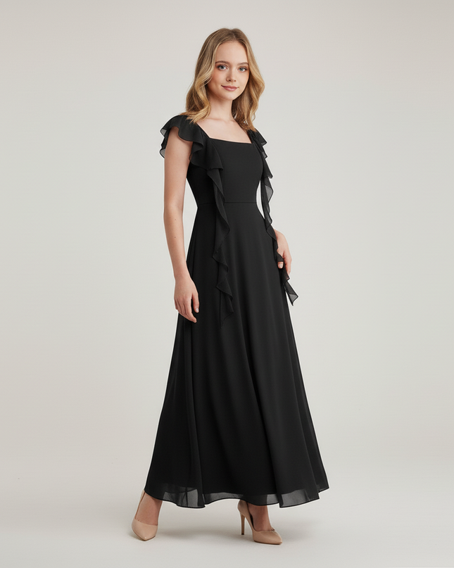 Jugendweihe Kleid Schwarz Satin | Lang Rueschen - Ansicht 3