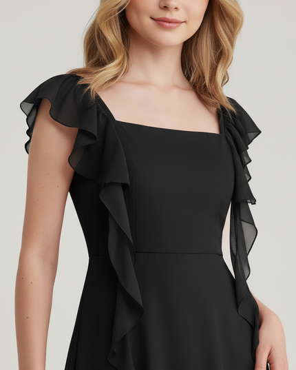 Jugendweihe Kleid Schwarz Satin | Lang Rueschen - Ansicht 4