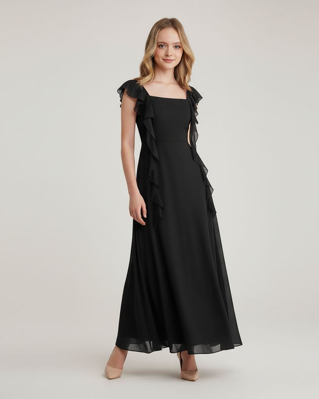Jugendweihe Kleid Schwarz Satin | Lang Rueschen - Ansicht 5