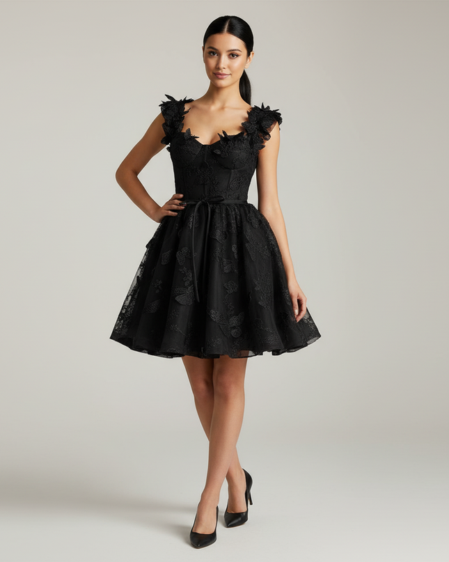 Jugendweihe Kleid Schwarz Schmetterling | 3D Kurz - Ansicht 1