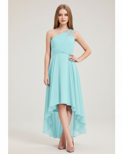 Jugendweihe Kleid Tuerkis Kurz | Chiffon Einschultrig - Ansicht 1
