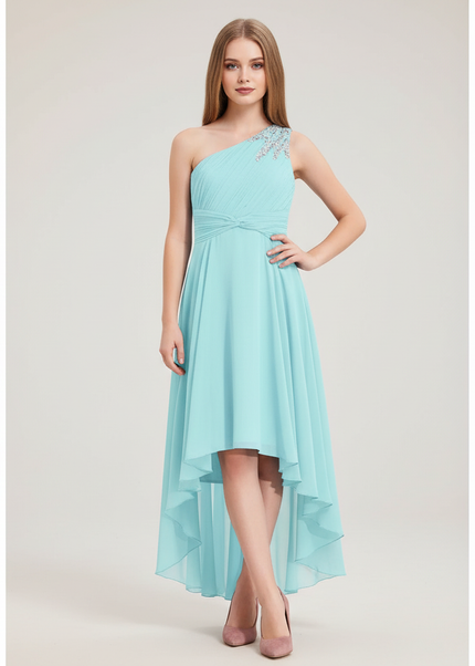 Jugendweihe Kleid Tuerkis Kurz | Chiffon Einschultrig - Ansicht 1