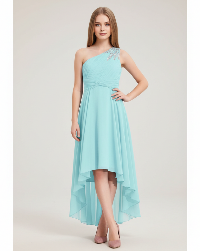 Jugendweihe Kleid Tuerkis Kurz | Chiffon Einschultrig - Ansicht 1