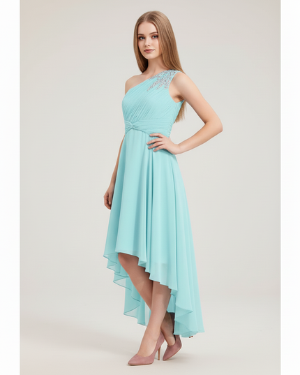 Jugendweihe Kleid Tuerkis Kurz | Chiffon Einschultrig - Ansicht 3