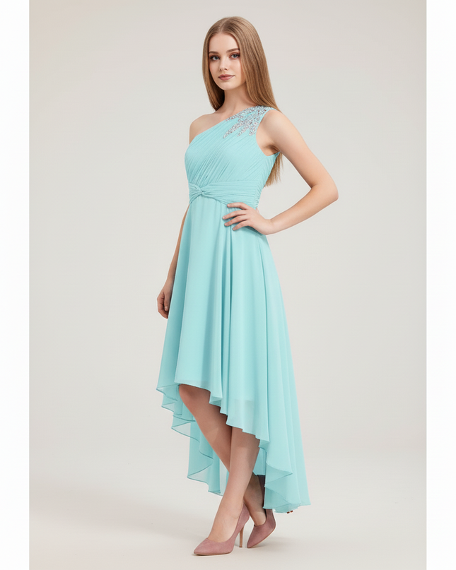 Jugendweihe Kleid Tuerkis Kurz | Chiffon Einschultrig - Ansicht 3