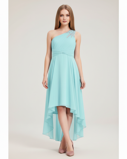 Jugendweihe Kleid Tuerkis Kurz | Chiffon Einschultrig - Ansicht 4