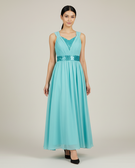 Jugendweihe Kleid Tuerkis Lang | Chiffon A-Linie - Ansicht 4