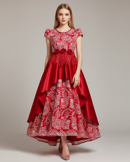 Jugendweihe Kleid Wassermelonrot Satin Stickerei | Lang - Ansicht 1
