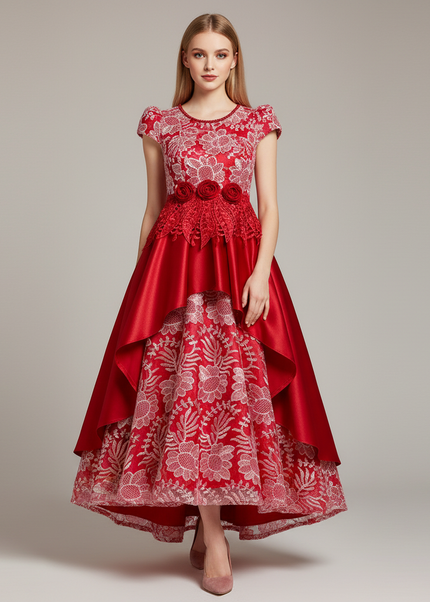 Jugendweihe Kleid Wassermelonrot Satin Stickerei | Lang - Ansicht 1
